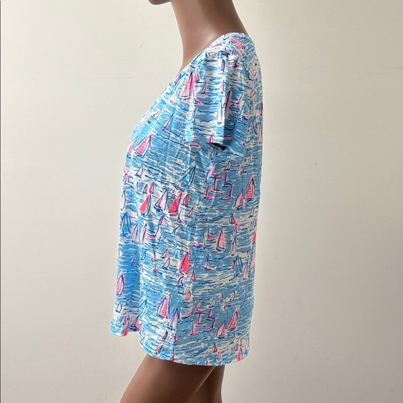 Lilly Pulitzer Etta Scoop Neck Top Tshirt boatylicious Zanzibar Blue Pink Small - Picture 4 of 7